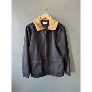 Open Edit Mens Black Full Zip Sherpa Neck Wool Jacket Size L